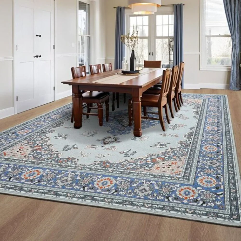 New 6x9 Grey Blue Area Rug, Washable Vintage Low Pile Non-Slip Carpet for Home
